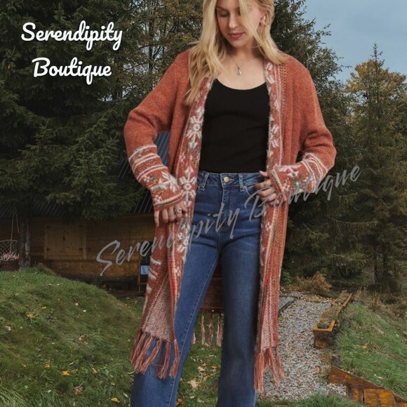 Tribal Print Jacquard Knit Fringe Comfy Long Sweater Duster Cardigan. - Picture 4 of 9